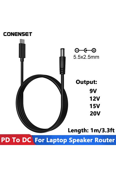Choice كابل إمداد طاقة 12 فولت تيار مستمر إلى USB من النوع C PD 9 فولت 12 فولت 15 فولت 20 فولت 5.5 × 2.1 مم 2.5 لجهاز التوجيه اللاسلكي والكمبيوتر المحمول L