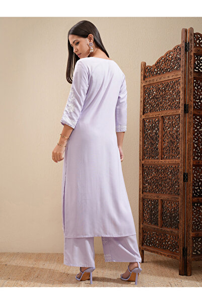 Vishudh By Styli Floral Embroidered Thread Work Straight Kurta & Palazzos Set