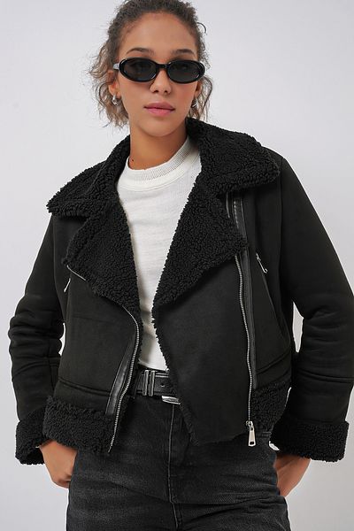 Bigdart 5155 Zweireihige Lederjacke mit Kunstpelzkragen und Kragen – Schwarz