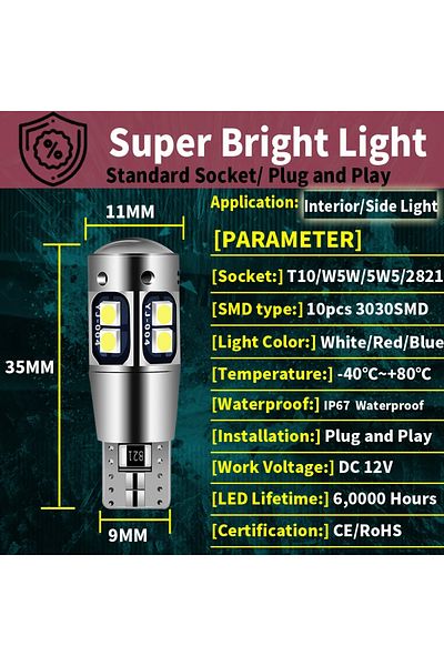 Choice قطعتان أبيضتان من مصابيح LED خلفية فائقة السطوع T10 W5w 168 192 باللون الأبيض 3030 10smd 12 فولت مصباح سيارة LED تلقائي من Canbus