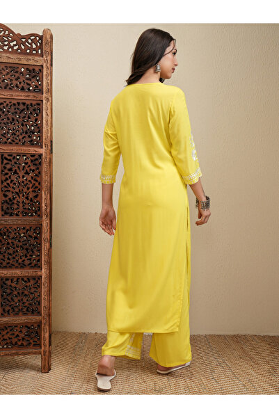 Vishudh By Styli Floral Embroidered Thread Work Straight Kurta & Palazzos Set