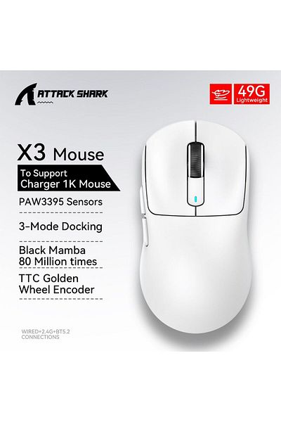 Choice ماوس X3 1k White Attack Shark X3pro X3 اللاسلكي خفيف الوزن Paw3395 بدقة 26000 نقطة في البوصة مع اتصال ثلاثي الأوضاع M