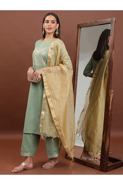 Ketch By Styli Pack of 3 - Ethnic Motifs Yoke Design Regular Kurta, Palazzos & Dupatta