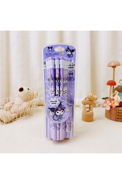 Choice Kuromi Cute Kuromi Hb Pencils 12 Pencils & 1 Pencil Roller Stationery Box Set, Student Writing Drawi