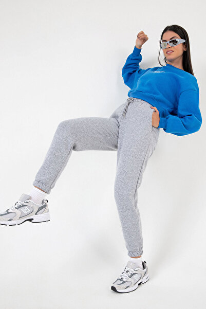 Domoda Gray 3 Thread Raised Cotton Women's Sweatpants with Elastic Legs and Pockets