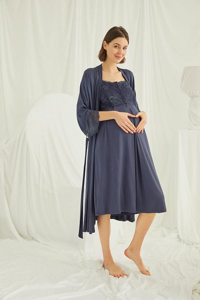 MONAMİSE Navy Blue Lace Buttoned Maternity-Puerperal Nightgown Dressing Gown Set