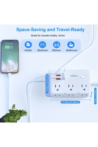Choice1 واقي من زيادة التيار الكهربائي 110-250 فولت أمريكي 6 أسود مع 6 منافذ تمديد واسعة و4 منافذ USB، شريط طاقة بطول 5 أقدام Ultra