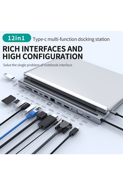 Choice محطة إرساء USB-C 12 في 1 باللون الرمادي مع 4K HDMI وDP وVGA وUSB3.0 وقارئ SD/TF وPD 100 وات وصوت 3.5 مم وR