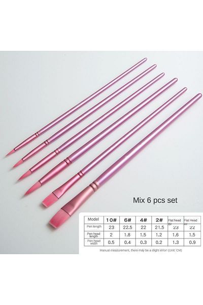 Choice Pink Mixed Head 6pcs Watercolor Brush Set Pointed Round Flat Head Soft Hair Beginner's Art Student H
