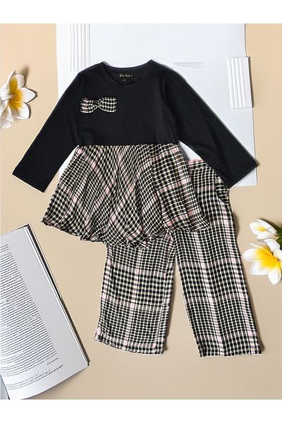Bella Moda By Styli طقم مكون من بلوزة مطبوعة طويلة مع تفاصيل فيونكة وبنطلون