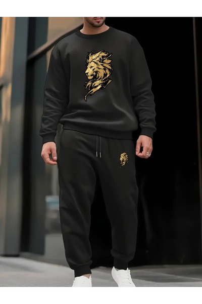 Sezon tekstil Unisex Black Lion Printed Crew Neck Tracksuit Set