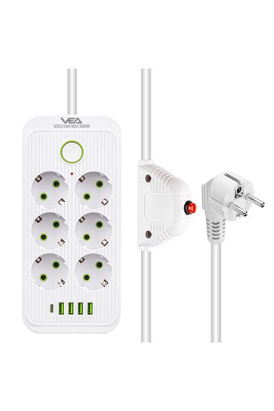 Kelepir Fırsatlar مقبس حراري أبيض مع كابل بطول 1.5 متر - حماية من الطباخ TYPE-C + مقبس متعدد مع منفذ USB