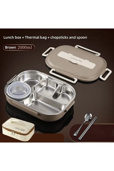 Choice 2000ml Brown 304 Stainless Steel Compartment Insulated Lunch Box Office Worker Students Sealed Porta