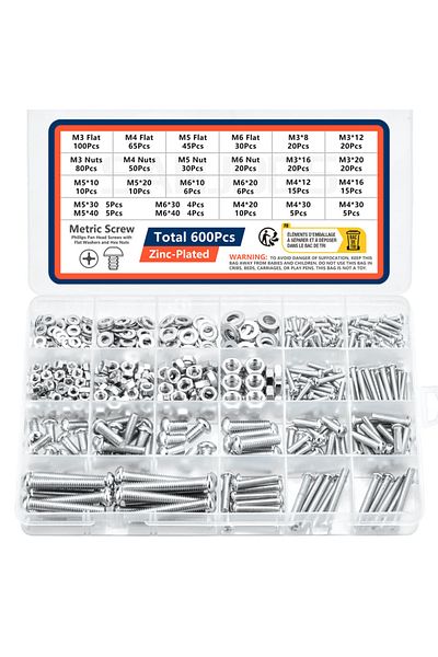 Choice M3 M4 M5 M6 (600PCS) 600pcs Screws Bolts And Nuts Assortment Kit Metric Machine Screws And Flat Wash