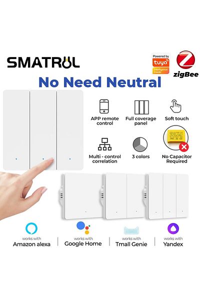 SMATRUL 110-240v European Standard 2-gang White Tuya Zigbee Eu Smart Light Switch No Neutral Wire No Capacit