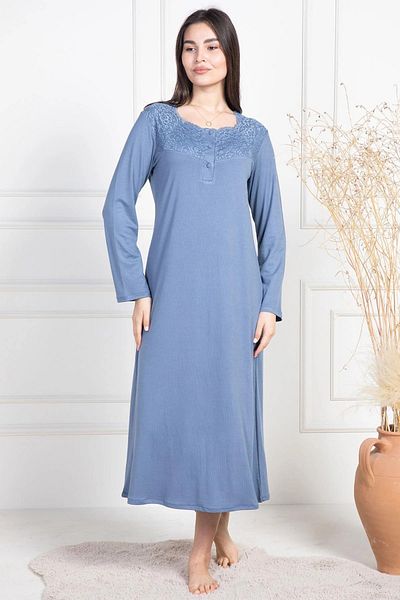 Mecit Pijama فستان نوم ميليسا مقاس كبير - كم طويل، تفاصيل جبر، 75% قطن، 25% فيسكوز