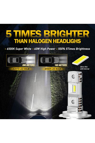 Choice H7 Auxito 2 قطعة H7 Led لمبة CSP رقاقة مصباح أمامي بدون مروحة سوبر وايت ساطع 12 فولت 1:1 تصميم صغير H7 رفيع