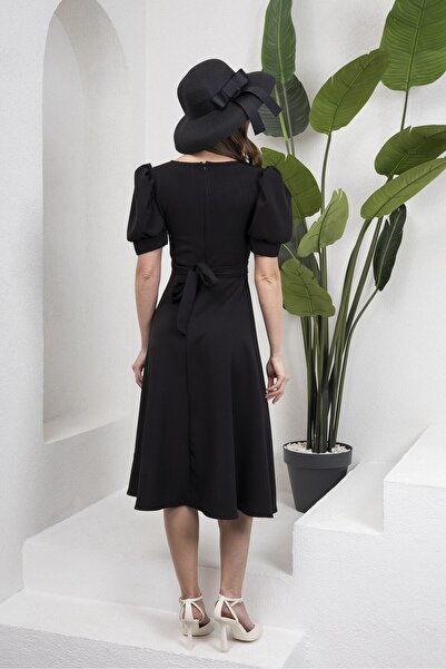 KÜÇÜĞÜM BUTİK Siyah Renk Karpuz Kol Kloş Midi Boy Krep Elbise