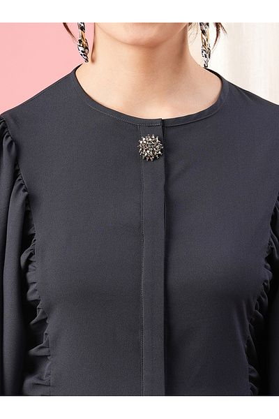 Mish By Styli Balloon Sleeves Round Neck Blouse & Solid Button Co-Ord Set