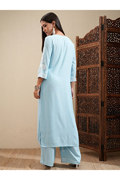 Vishudh By Styli Floral Embroidered Thread Work Straight Kurta & Palazzos Set