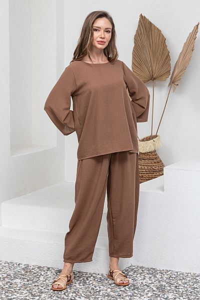 KÜÇÜĞÜM BUTİK Set bluză cu mânecă lungă și pantaloni largi din muselină maro din bumbac (BLUZ-PANTALON)