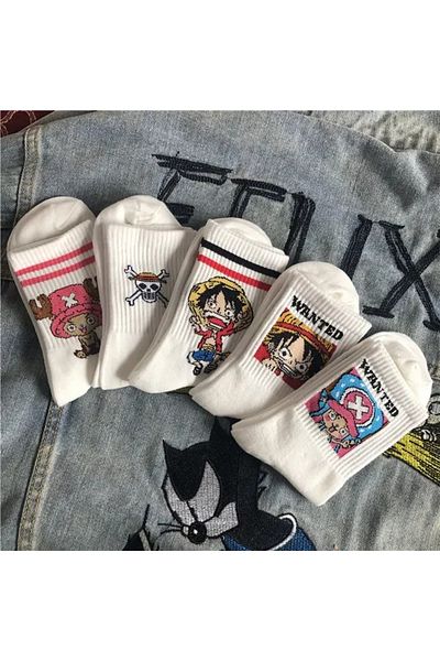 Choice 5PCS 5Pair Anime One Piece Socks Cartoon Luffy Chopper Student Cotton White Long Short Boat Socks Pr