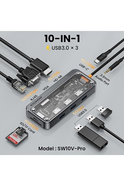 ASOMETECH محطة إرساء موزع USB C 4K 5 جيجا بايت من نوع C إلى منفذ إيثرنت متوافق مع HDMI Rj45 PD 100 وات من Sw10v-pro