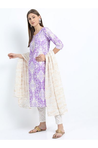 Vishudh By Styli Pack of 3 - Printed Straight Kurta, Trousers & Dupatta