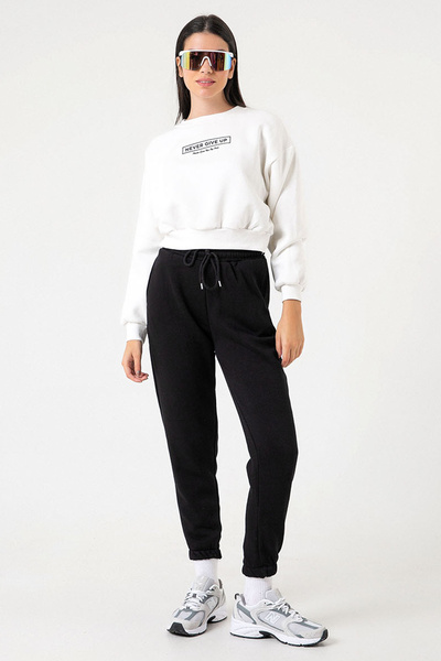 Domoda Black 3 Thread Raised Cotton Women's Sweatpants with Elastic Legs and Pockets