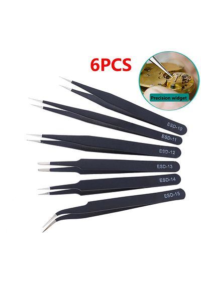 Choice 6pcs 6pcs Anti-static Esd Stainless Steel Tweezers Maintenance Tool Industrial Precision Curved Stra