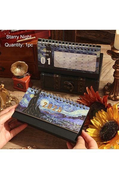 Choice Starry Night 1 Pc 2025 Vintage Painting Coil Desk Calendar With Memo Notes Tabletop Flip Schedule Mo