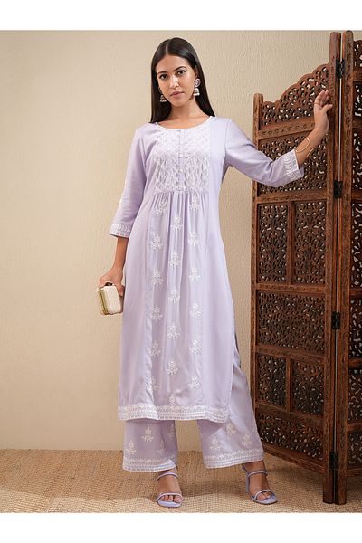Vishudh By Styli Floral Embroidered Thread Work Straight Kurta & Palazzos Set