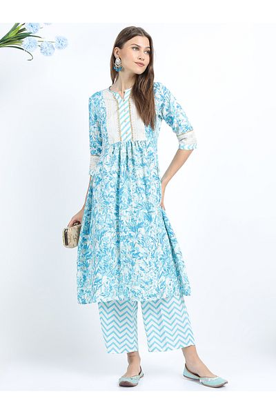 Vishudh By Styli Floral Print Pleated Kurti & Palazzos Set