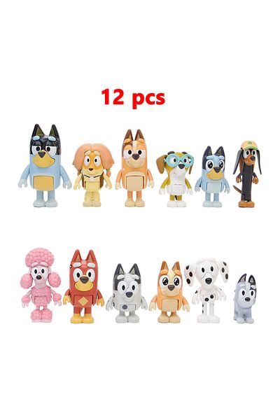 Choice 12 Pcs Bluey And Bingo Family Figures Character Model Cute Puppy Movable Joints Decorations Mini Pvc