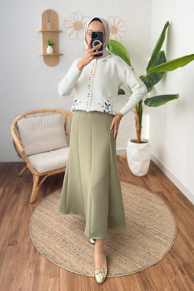 Salih Çelebi Scuba Fabric Segmented Skirt 2209 - Ανοιχτό Χακί