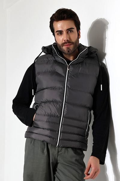 B.HE.Z Men's Gray Puffer Vest - Gel Padding, Detachable Zipper, Hood, Inner Pocket, Water Repellent