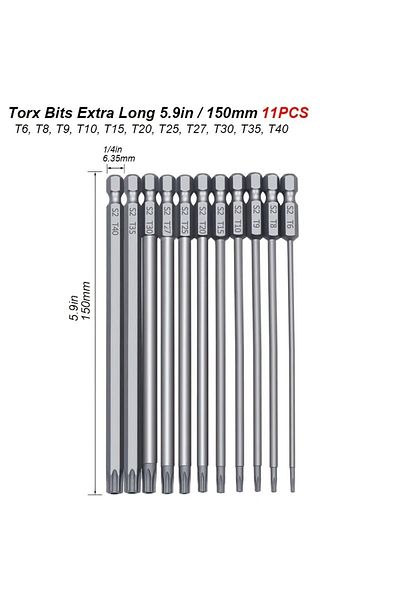 atooltour Torx Bit Set 11pcs Magnetic Torx Screwdriver Set 150mm Extra Long Security Tamper Proof Star Drill B