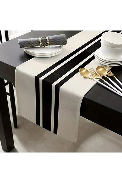 Choice 33x183cm Style1 1pc Geometric Stripe Linen Table Runner, Modern Simple Black Andwhite Plaid Classic