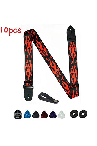 Choice 10pcs Flame Strap 23x8x2cm 10pcs Guitar Strap, Electric Guitars And Bass,red Flame Black Guitar Stra