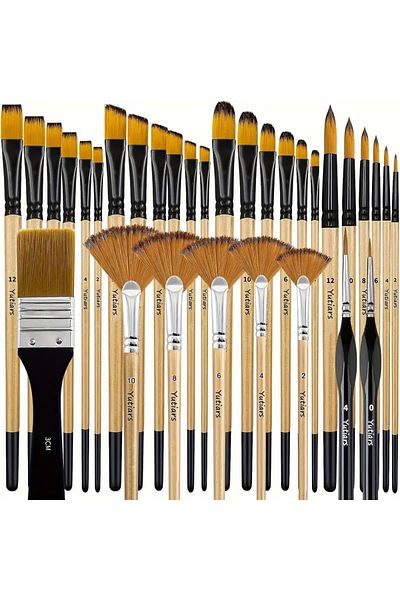 Choice Wood Color 28/32 Pieces Paint Brush Set, Artist Series, Nylon Bristles With Round, Filbert, Flat, Fa