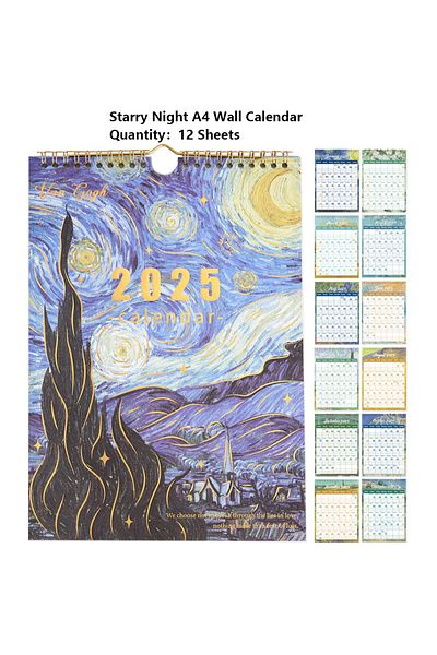 Choice Starry Night 12 Sheets 2025 Vintage Painting A4 Wall Calendar Monthly Planner Colorful Weekly Schedu