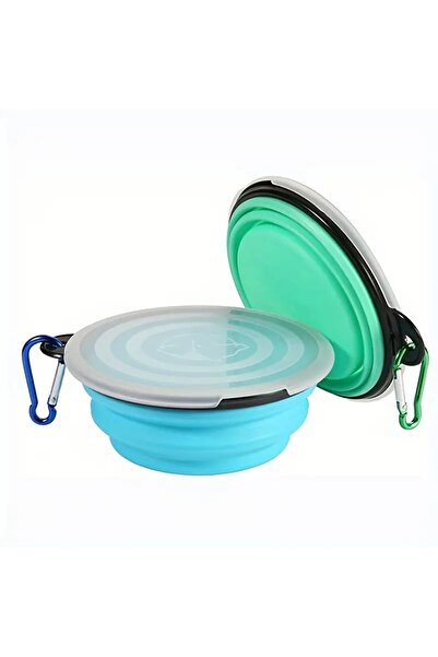 Choice عبوة من 2 وعاء طعام قابل للطي محمول للكلاب باللونين الأزرق والأخضر مع غطاء مناسب للسفر وطبق طعام وماء