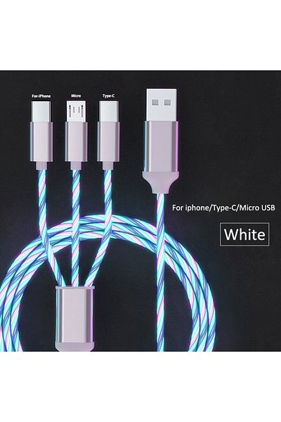 Choice كابل شحن سريع 3 في 1 من Micro USB Type C بإضاءة LED متوهجة بطول 1 متر باللون الأبيض لهاتف Iphone وSamsung وXiaomi