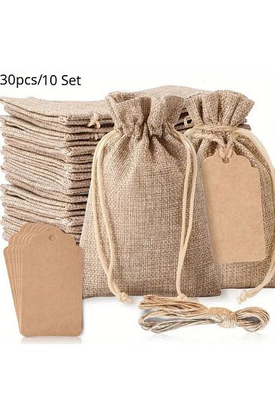 Choice 30pcs/10set, Premium Burlap Gift Bags With Drawstring And Gift Tags String, 4x6 Inch Reusable
