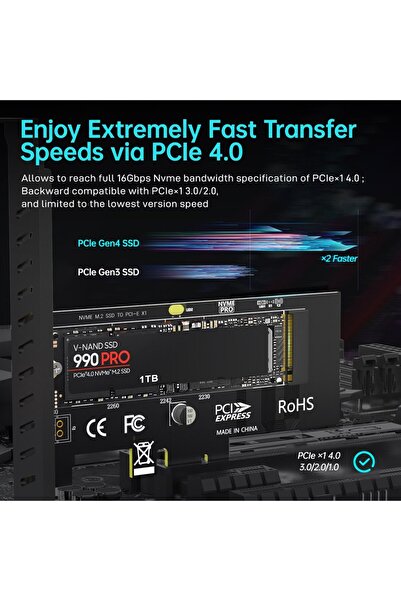 JEYI بطاقة محول M.2 NVME SSD إلى PCIE X1، بطاقة توسعة 2280 SSD PCIe 3.0 4.0 لأجهزة الكمبيوتر المكتبية، و...