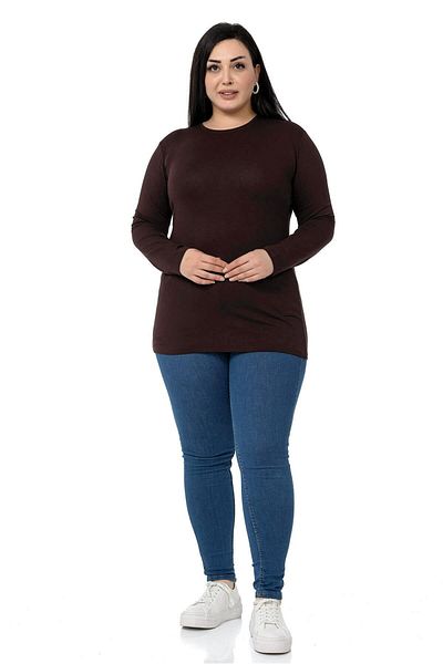 DISENTIS MODEST Plus Size Crew Neck Long Sleeve Viscose Brown Body