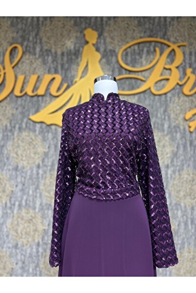 MODA Mor Üst Kısmı Kare Pul İşlemeli Etegi Sade Tül Tesettür Abiye Elbise