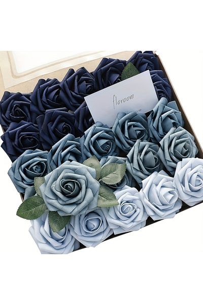 Choice Shades Blue Artificial Flowers 25pcs Real Looking Blue Ombre Colors Foam Fake Roses With Stems For D