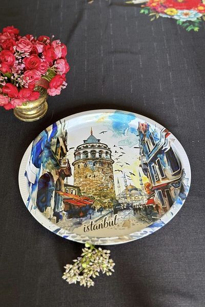 Makri Istanbul Patterned Tray, Presentation Tray, Metal Tray, 32 cm Diameter, 2 cm Depth