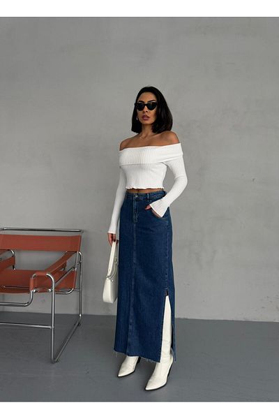 Zeo Basic FUSTA JEAN MAXI CU FĂȚĂ LA LATERALE